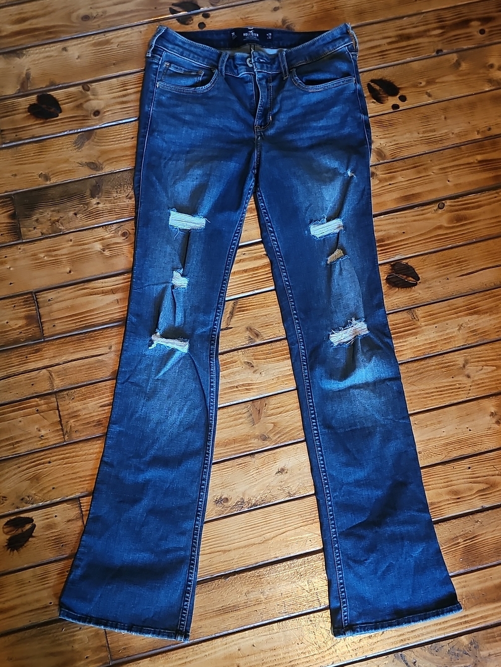 Hollister Dark Blue Ripped Bootcut Jeans